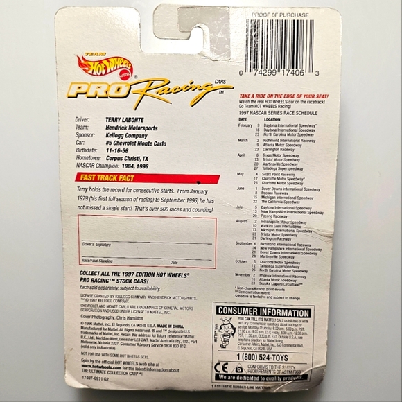 HOT WHEELS Pro-Racing Terry Labonte Collector 1997 1st Edition Car Model - Picture 9 of 16